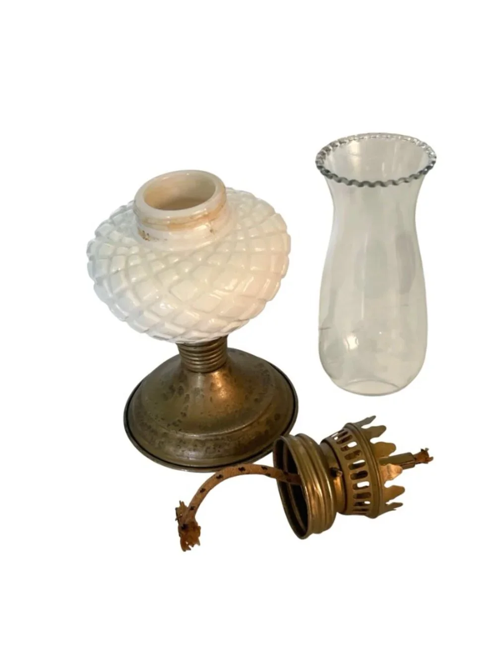 Vintage Mini Milk Glass Oil Lamp Diamond Pattern Base Ruffled Chimney 9.75